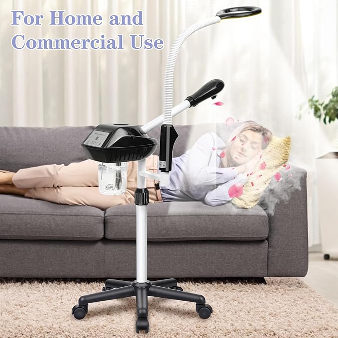 Professional Facial Steamer, 2 in 1 Face Steamer on Wheels, with 5X Magnifying Lamp, Facial Steamer with Time Setting, Stand Face Steamer Adjustable Height for Spa, Salon and at Home use