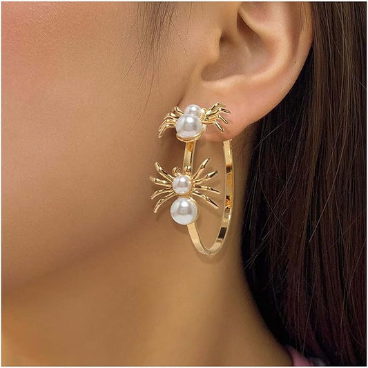 Vintage Hollow Circle Drop Earrings Pearl Spider Dangle Earrings Gold Spider Circle Earrings Exaggerated Circle Huggie Hoop Earrings Jewelry for Women
