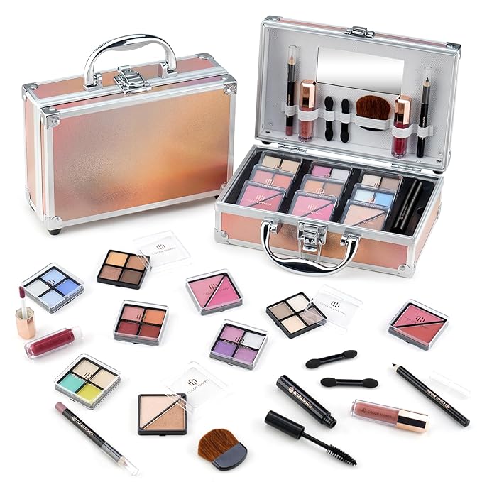 Color Nymph Beginner Makeup Kits For Teens With Train Case Included Full Makeup Kit Eyeshadow Palette Blushes Bronzer Highlighter Lipstick Brushes Mirror（Gold）