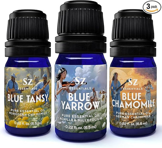 – “We Got The Blues” Essential Oils Set – Blue Tansy, Yarrow & German Chamomile – 3 x 6.5ml Bottles – 100% Pure, Natural, Undiluted – Therapeutic Grade & Vegan