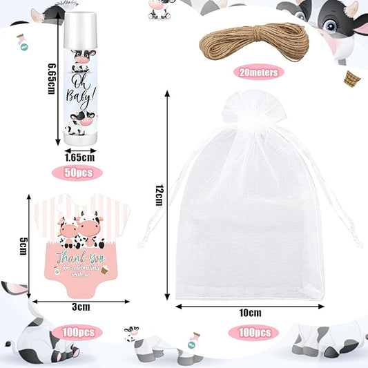 Demissle 50 Pcs Baby Shower Lip Balm Gift Set with 100 Pcs Organza Bags Baby Shower Party Favor for Guest Thank You Tag Rope Baby Shower Party Decoration Gender Reveal Souvenirs(Cow)
