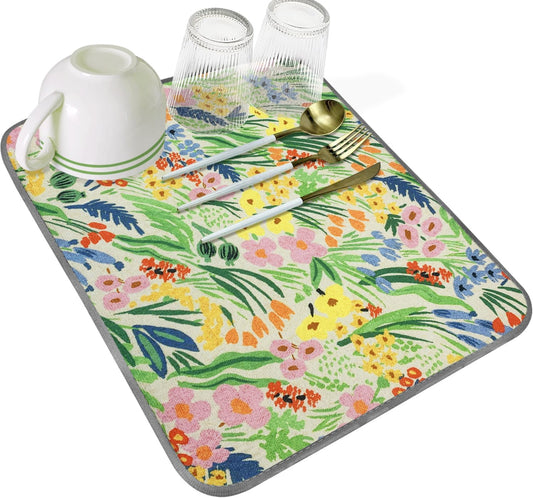 SHIYUE Dish Drying Mat for Kitchen Counter Super Absorbent Spring Kitchen Decor Microfiber Drying Matainers Rack Fast Pad Dish Drainer Mats(Cute Colorful Flowers,16''x18'')