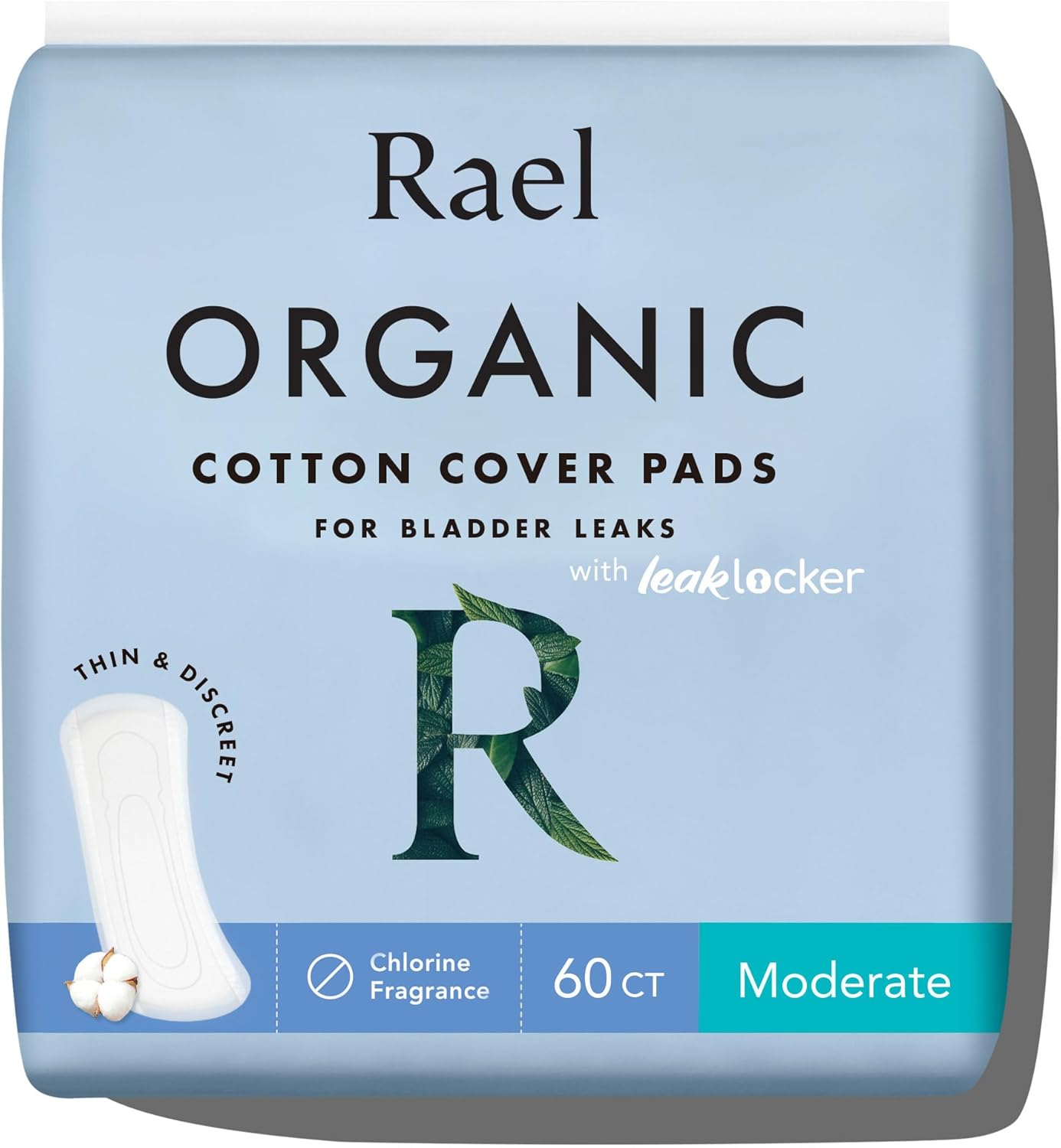 Rael Incontinence Pads for Women, Organic Cotton Cover, Postpartum Essential, Heavy Absorbency, Bladder Control, 4-Layer Core with Leak Guard Technology, Long Length (Moderate, 60 Count)