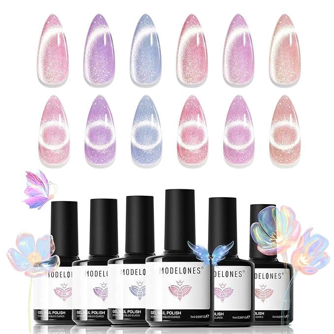 modelones Holographic Glitter Cat Eye Gel Nail Polish Kit 6 Colors with Magnet Romantic Rainbow Galaxy Series Pastel Gel Polish Soak Off Led Gel Nail Polish Set Nail Art Gel Manicure Salon DIY Gifts