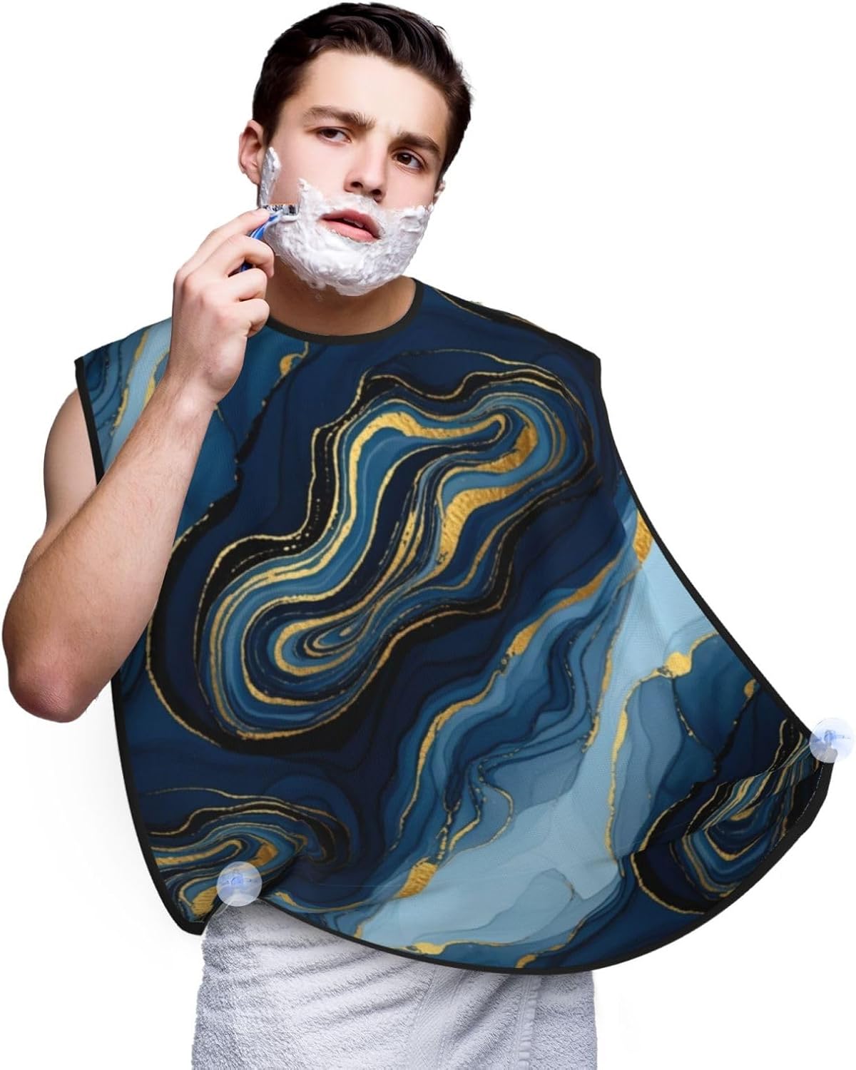 Adjustable Beard Bib, Non-Stick Hair Catcher Cape for Men's Shaving, Waterproof with 2 Suction Cups, Luxury Marble Texture Gold and Blue Shave Bib