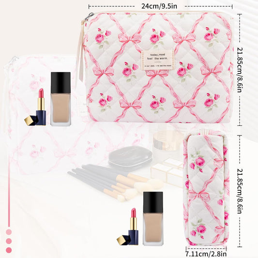 2PC Makeup Bag Set, Cute Cosmetic Bag for Women Girls, Floral Coquette Aesthetic Toiletry Bag, Travel Make Up Organizer Bag (Pink bow)