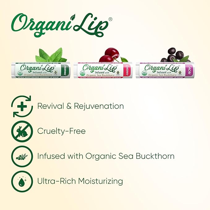 OrganiLip Organic Lip Balm, Variety3 Pack (Spearmint, Cherry, Acai), Ultra Hydrating Lip Moisturizer for Dry Lips, USDA Certified Organic,