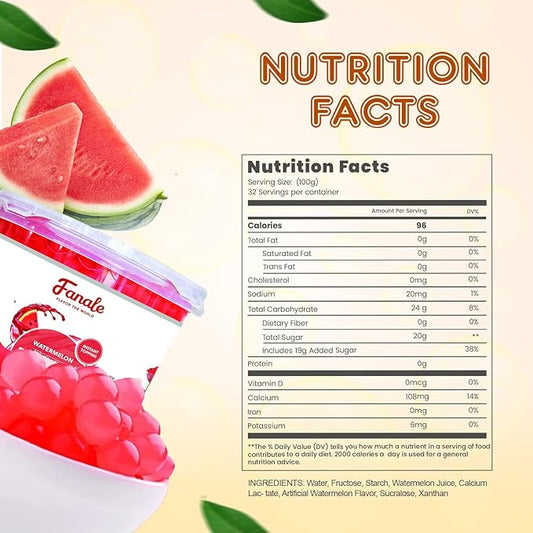 Fanale Watermelon Popping Boba Pearls, Vegan, Non GMO, Gluten Free, Fat Free, Perfect for Bubble Tea, Smoothies, Ice Cream, Desserts, and Beverages.