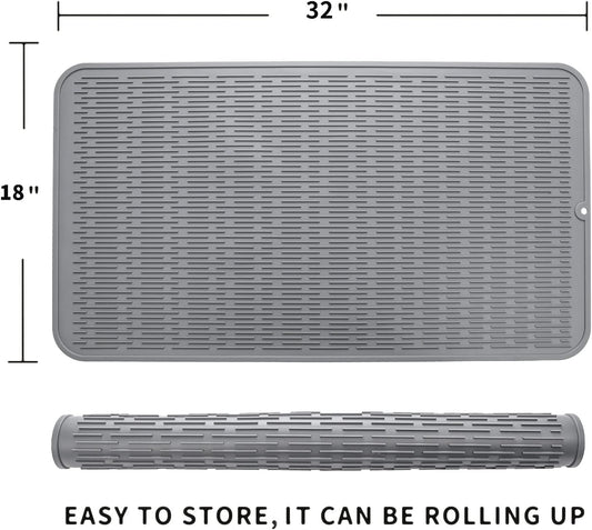 Silicone Dish Drying Mat for Multiple Usage,Easy clean,Eco-friendly,Heat-resistant Silicone Mat for Kitchen Counter or Sink,Refrigerator or Drawer Liner Grey 4XL 32 inches x 18 inches
