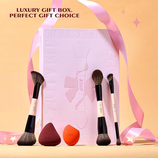 Jessup Makeup Brushes Set with Makeup Sponge, 7pcs Double Sided Makeup Brushes for Foundation Concealer Blush Eyeshadow Contour Bronzer Powder Blending Eyebrow Eyeliner with Gift Box, T506