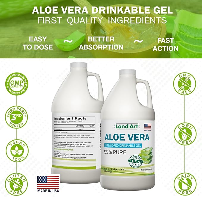Organic Aloe Vera Drinkable Gel for Heartburn & Acid Reflux Relief - 99.7% Pure - Cold-Processed - Improves Digestive Health - Soothing and Natural - Vegan & Gluten-Free - 64 fl oz (Pack of 2)