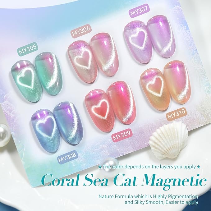 Born Pretty Magnetic Gel Nail Polish Set,Pastel Coral Sea Magnetic Eye Gel Jelly Glass Crystal Magnetic Gel Polish Nail Art Manicure Kit 6PCS