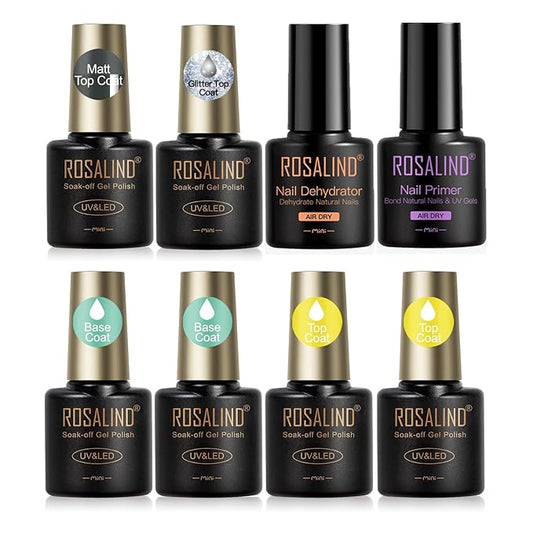 ROSALIND 8 PCS Nail Prep Dehydrator and Primer with Base Coat Top Coat, Glossy Glitter Matte Top Coat for Acrylic Gel Nail Polish Nail Art Supplies Gift