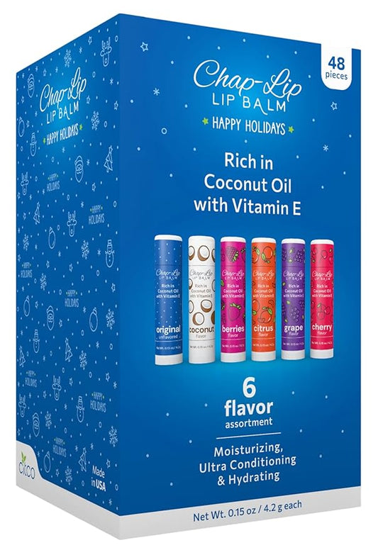 Rich in Coconut Oil & Vitamin E - Moisturizing, Ultra Conditioning & Hydrating - Total Lip Moisturizer & Lip Therapy Treatment - Happy Holidays 6 Flavor Assortment, 48 Count