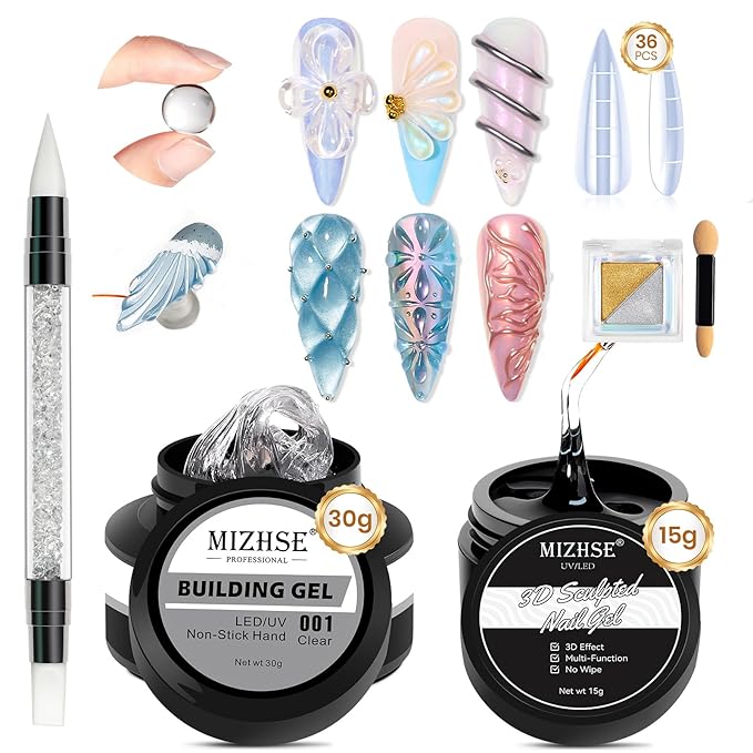 MIZHSE 30g/1oz Solid Builder Gel for Nails and 15g 3D Painting Gel, Clear Hard Gels for Nails Sculpting Nails Art Soak Off U V LED Builder Salon Home DIY Manicure