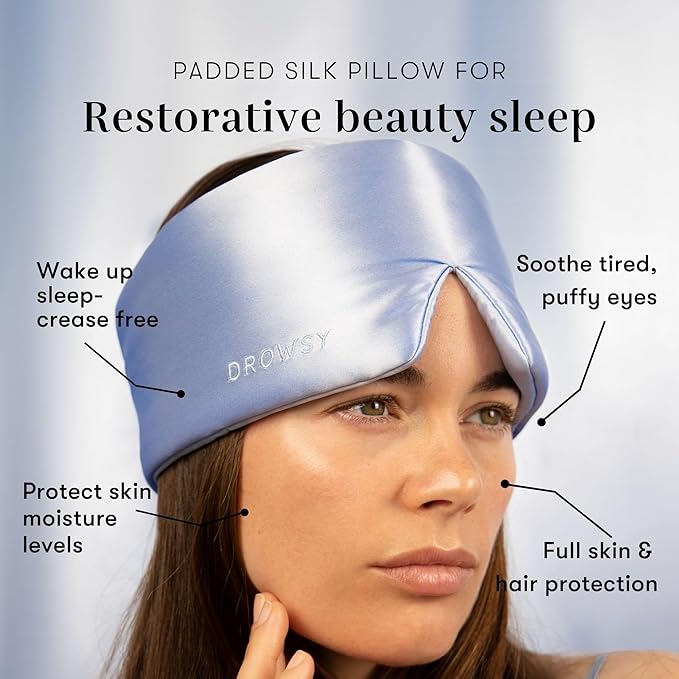 DROWSY Silk Sleep Mask. Face-Hugging, Padded Silk Cocoon for Luxury Sleep in Total Darkness. (Blue Belle)