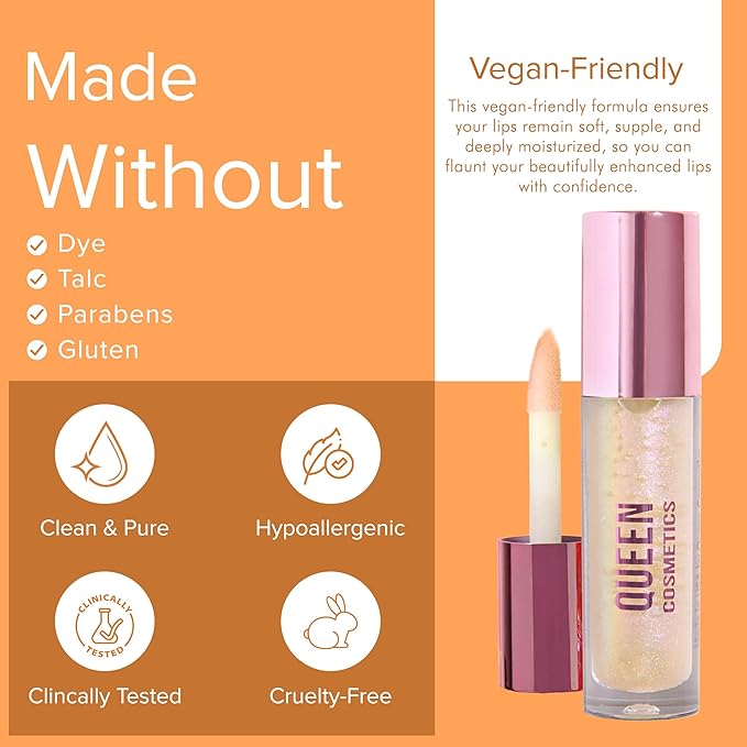 Queen Cosmetics Lip Plumper Gloss, 0.5 Fl Oz. High Shine Finish, Long Lasting Paraben Free Hyaluronic Acid & Vegan - Hydrating Lip Gloss & Moisturizing Mega Volume Lip Plumping Gloss (Glazed Donut)