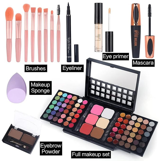 Full Makeup Kit with Applicator - 78 Color Cosmetic Gift Set Include Eyeshadow/Lipstick/Blush/Contour/Concealer, Mascara, Lip Liner, Eyeshadow Primer, Eyebrow Powder, Sponge and 8pcs Makeup Brush