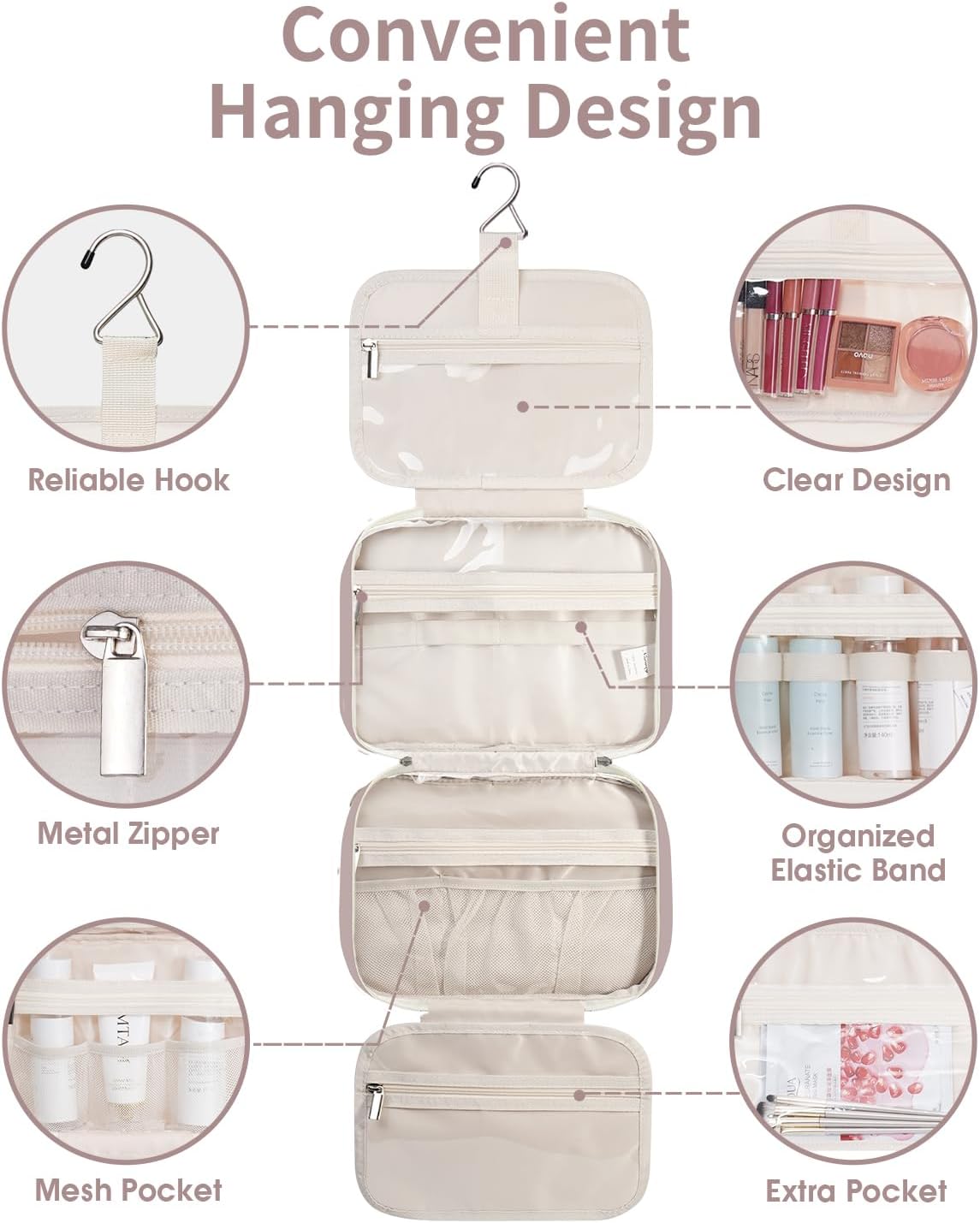 Narwey Hanging Toiletry Bag for Women Travel Makeup Bag Organizer Toiletries Bag for Travel Size Essentials Accessories Cosmetics (Dusty Rose (Medium))