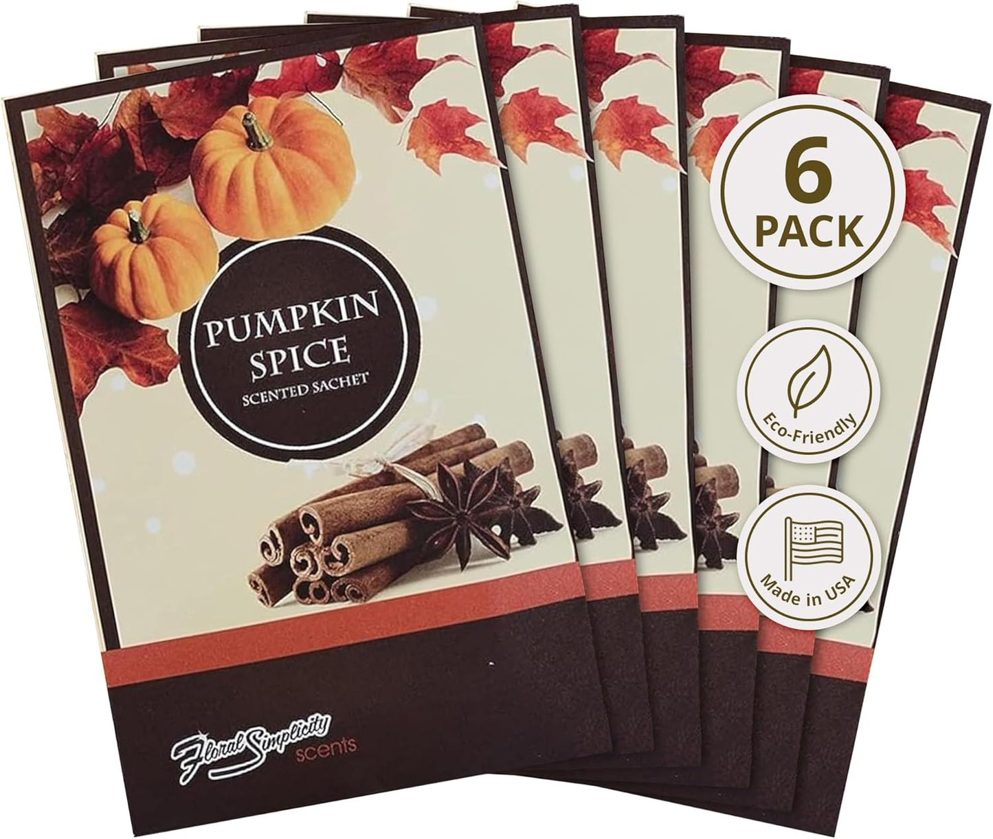 Floral Simplicity Pumpkin Spice Scented Sachets Pack of 6, Fall & Winter - Long-Lasting Scented Bags, Home Fragrance, Air Freshener & Deodorizer for Closet, Room, Drawer, or Cars, Made in USA