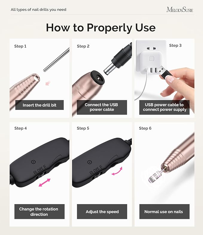 MelodySusie Electric USB Nail Drill Machine,PC120I Portable Electric Nail File Efile Set for Acrylic Gel Nails, Manicure Pedicure Tool with Nail Drill Bits Sanding Bands Gold
