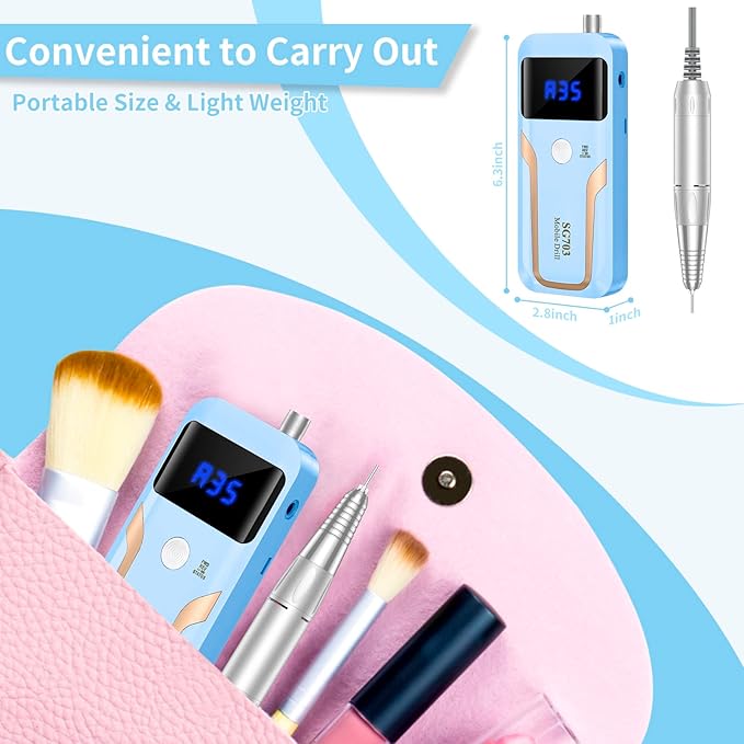 Portable Nail Drill Professional, 35000 RPM Rechargeable Electric Nail File Machine E File for Acrylic Nails Gel Polishing Removing, Cordless E-file with Bits Kit for Manicure Salon Home,Blue