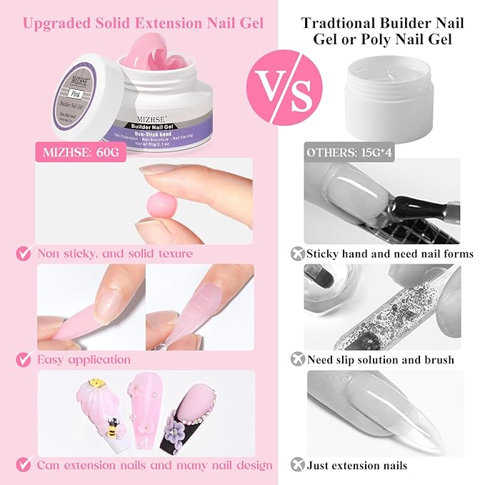 MIZHSE Solid Nail Builder Gel, 2.1 oz 60g Pink Builder Gels for Nails Non-Sticky Solid Builder Extensions Hard Gel with 24pcs Dual Forms and Silicone Pen 3D Art Manicure Set