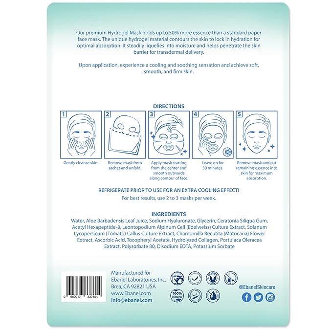Ebanel 5 Pack Hydrogel Collagen Face Mask with Hyaluronic Acid, Vitamin C, Peptide, Aloe, Instant Brightening Hydrating Face Masks Skincare Korean Sheet Mask, Skin Firming, Lifting Anti Aging Masks