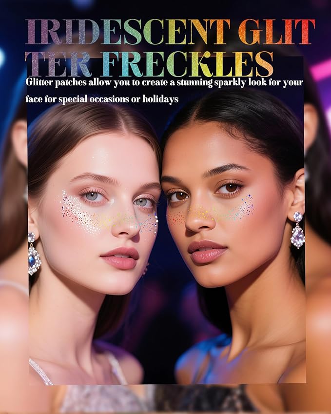 Glitter Freckles, Holographic Multichrome Freckles Temporary Face Tattoos, Body Face Glitter for Women Girls, Country Concerts Singer Festival Rave Accessories (iridescent - 10 pcs)