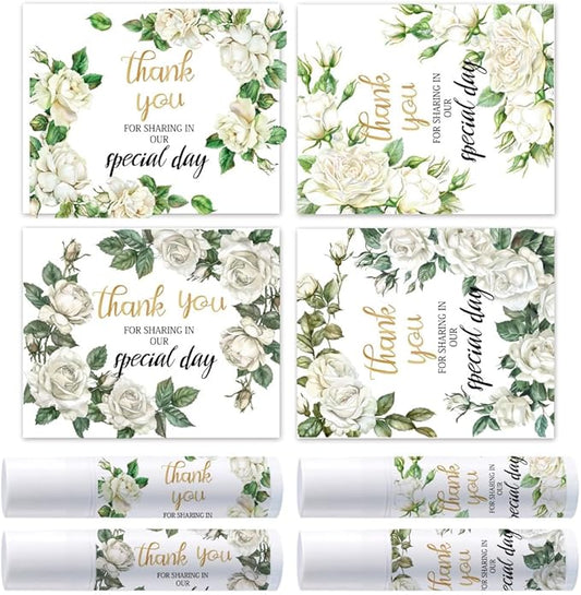 OLYCRAFT 100Pcs Self-Adhesive Lip Balm Tag Stickers 1.7x2.1 inch Waterproof Adhesive Stickers with White Rose Flower Lipstick Tag Sticker for Lip Balm Container Tubes Lipstick Wrapping Decoration
