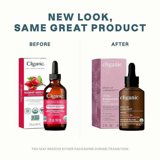 Cliganic Organic Rosehip Seed Oil for Face, 100% Pure | Natural Cold Pressed Unrefined Non-GMO | Carrier Oil for Skin, Hair & Nails (Packaging May Vary)