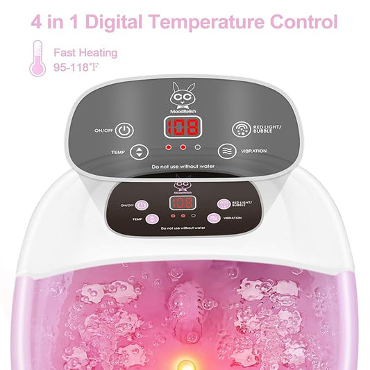 Foot Spa Bath Massager with Heat Bubbles and Vibration Massage and Jets, 16 OZ Calming Lavender Foot Soak Epsom Salt, Foot Soaker with Red Light, 22 Massage Rollers, Adjustable Temp - Pink