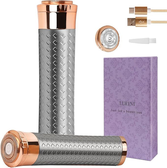 Facial Hair Remover for Women, Painless Rechargeable Hair Removal Device, Comes with 2 Replacement Heads, Portable Electric Shaver/Razors for Face, chin, upper lip, arms and peach fuzz (Silver)