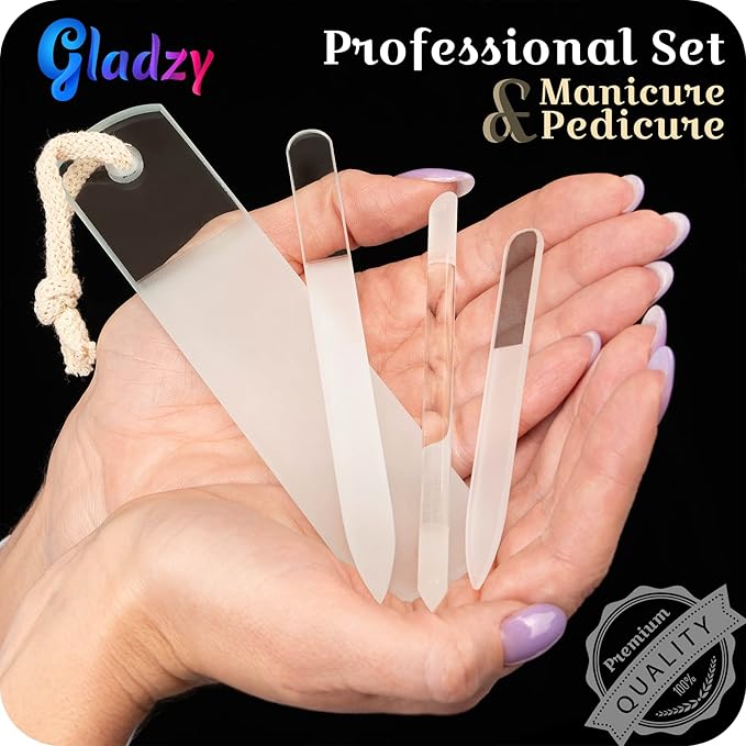 GLADZY Czech Glass Nail File Set - Multifunctional Nail Shiner Buffer, Callus Remover Foot Rasp, Glass Cuticle Pusher Manicure Stick, Etched Surface, Professional Nail Care Tool, Made in EU