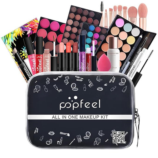 Professional All in One Makeup Kits for Women, Cosmetic Essential Starter Bundle, Eye Shadow, Blush, Liquid Lipgloss, Foundation Brush, Makeup Set with Makeup Bag, Christmas Valentines Gift Box