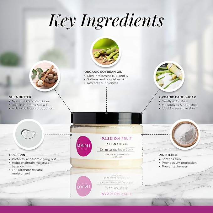 Naturals Sugar Scrub – Pure & Gentle Exfoliation with Juicy Passion Fruit Scent. Organic sugar, shea butter, and nourishing oils for smooth, soft skin – 14 oz