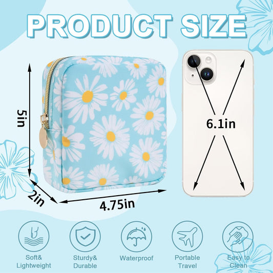 Waterproof Mini Floral Makeup Bag Pouch for Purse,Nylon Flower Cosmetic Travel Bag Small Preppy Toiletry Organizers Bag for Women Girl,Cute Zipper Pouch Coin Purse for Work(Mini Blue-Daisy)