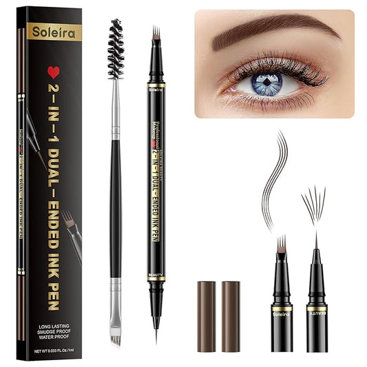 Eyebrow Pen, Soleira Waterproof Eyebrow Pencil with 4 Tip Microblading Eyebrow Pen and Dual-ended Eyebrow Brush, for Natural-Looking Brows, Long-Lasting, COFE Dark Brown