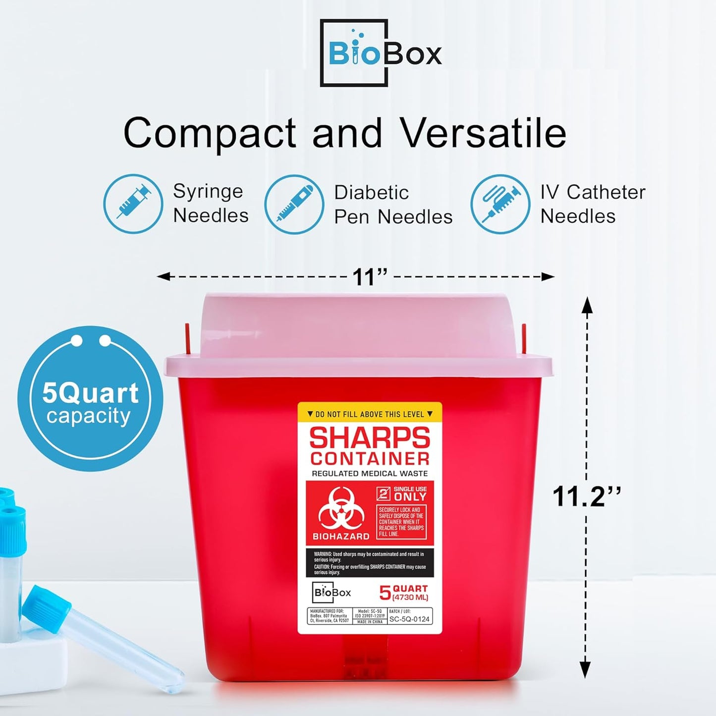 Sharps Container Large - Sharps Containers for Home Use and Labs - Portable Needle Disposal and Travel Size Biohazard Bin - 5 Quart (Pack of 1)