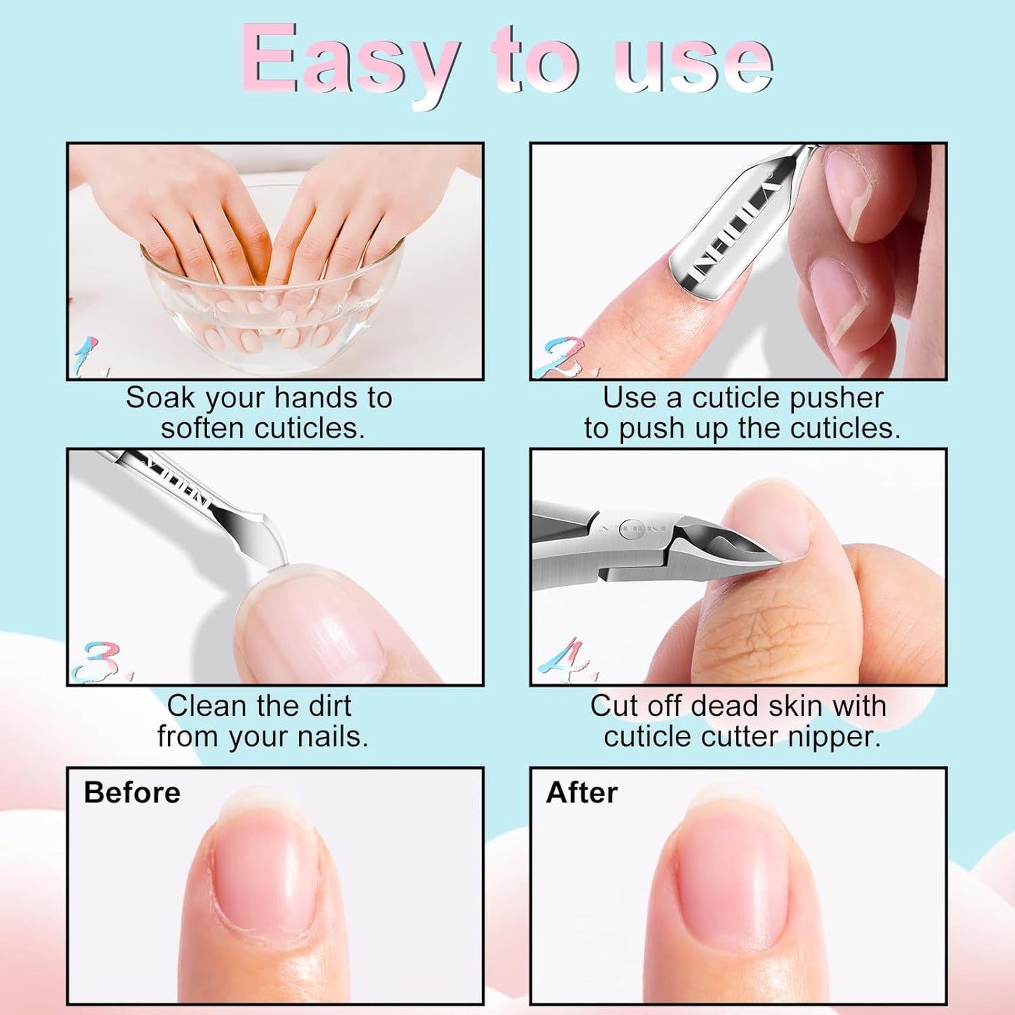 NXJ INFILILA Cuticle Pusher and Cuticle Cutter, 2Pcs Pink Cuticle Pusher Tool Stainless Triangle Cuticle Peeler Scraper Manicure Pedicure Tools Cuticle Remover Kit for Nail Care