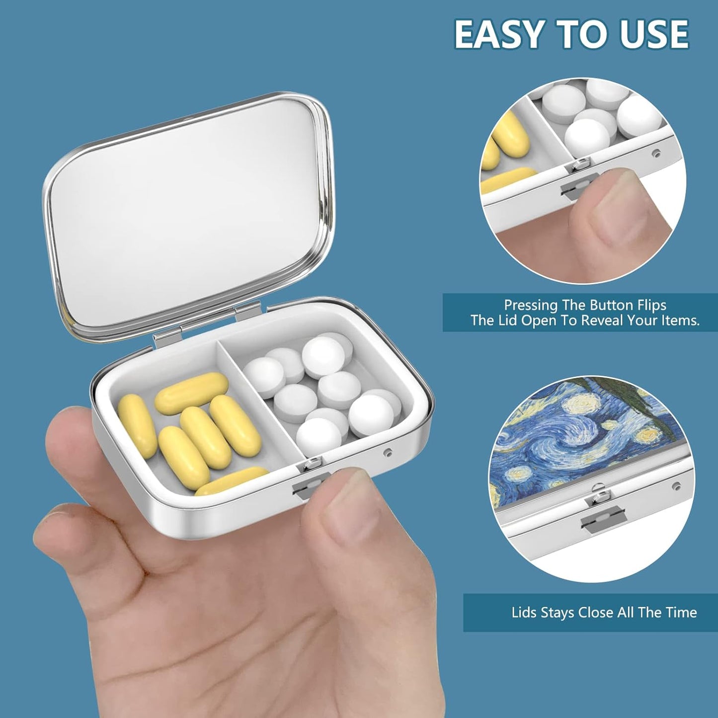 2 Compartment Pill Box, Portable Pill Box for Pocket or Handbag, Decorative Metal Pill Box, Vitamin Organizer, Unique Gift (1 Piece, 39-Flowers Pinck)