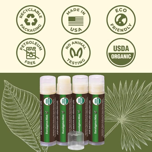 USDA Organic Lip Balm 4-Pack by Earth's Daughter - Eucalyptus Mint Flavor, Beeswax, Coconut Oil, Vitamin E - Best Lip Repair Chapstick for Dry Cracked Lips.