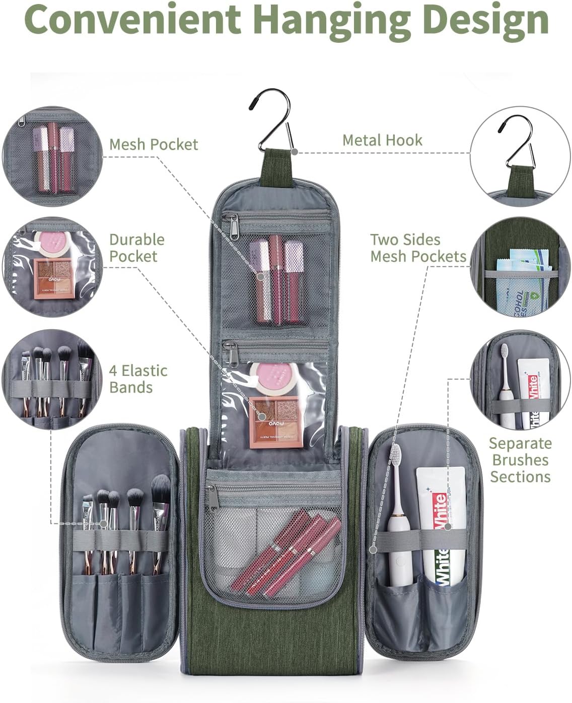 Narwey Small Hanging Travel Toiletry Bag Cosmetic Make up Organizer for Women and Men (Medium, Army Green)