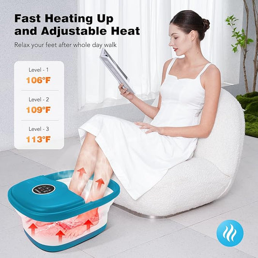 Collapsible Foot Spa with Heat, Remote Control, Temperature Control, Bubbles, Pumice Stone, Red Light, Timer, 16 Massage Roller Pedicure Foot Bath Tub Foot Soaker for Relaxation & Stress Relief