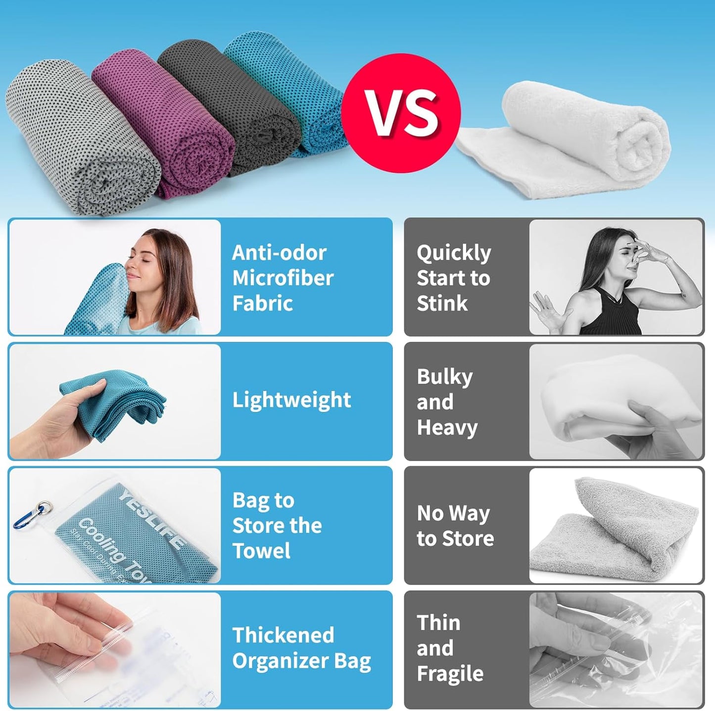 YESLIFE 4 Pack Cooling Towel 40"x12", Gym Towels for Men and Women, Soft Breathable Workout Towels for Yoga, Running, Sport, & More (Blue, Grey, Purple, Black)