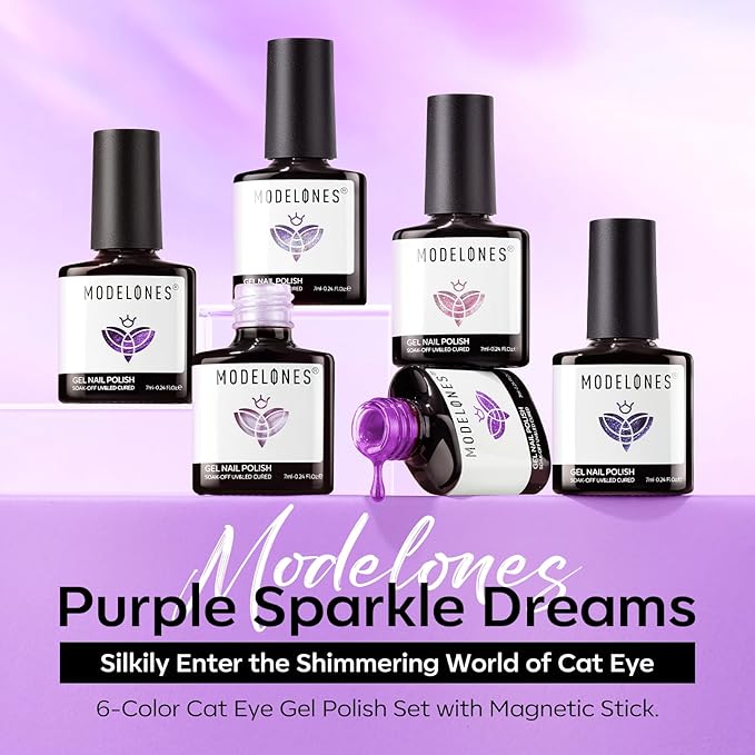 modelones Cat Eye Gel Nail Polish, 6 Colors Purple Pink Glitter Gel Polish Set with Magnet Sparkle Galaxy Series Nail Polish Kit Soak Off Led Nail Art Manicure Salon DIY Gifts