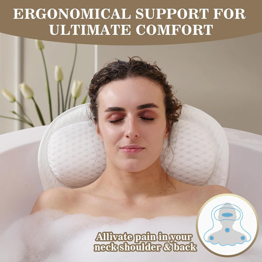 Bath Pillow Luxury Bathtub Pillow, Extra Soft & Comfortable Bath Pillows for Tub Head Neck and Back Support, with 4D Air Mesh Cushions & Non-Slip Suction Cups - Bath Accessories Spa Gifts for Women