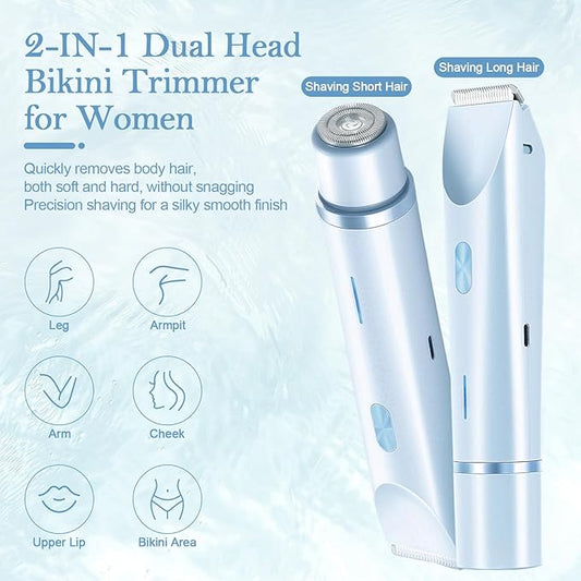 Dermave Bikini Shaver 2.0, 2025 New Glow Aura Bikini Trimmer for Women, 2 in 1 Dual Head Electric Razors for Women, IPX7 Waterproof Wet & Dry Electric Shaver, Rechargeable Portable Body Shaver (Blue)