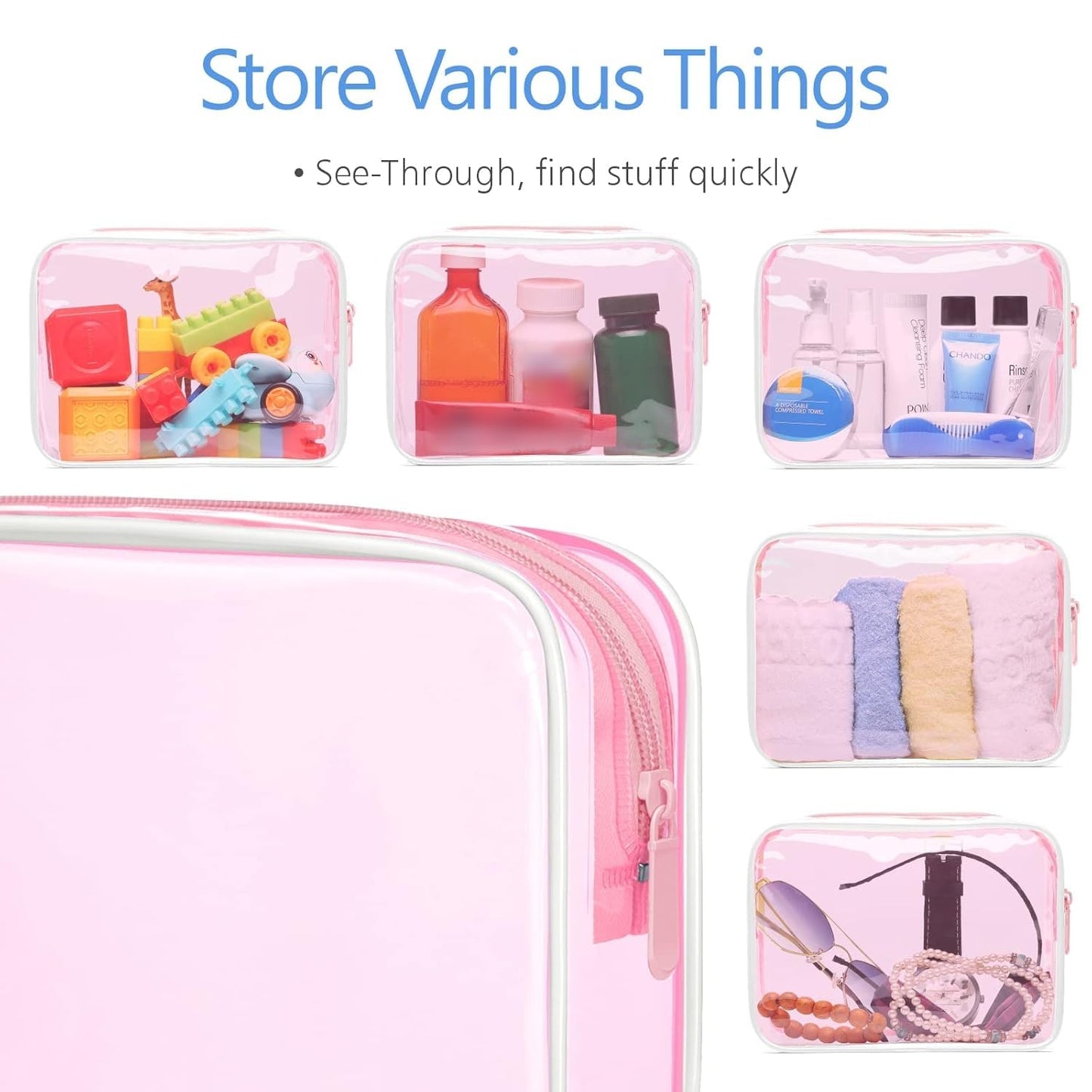 PACKISM Clear Makeup Bags - 3 Pack Tsa Approved Toiletry Bag with Zipper, Water-resistant Clear Cosmetic Bags Fit Travel Essentials, Carry-on Travel Toiletry Bag, Fluorescent Pink