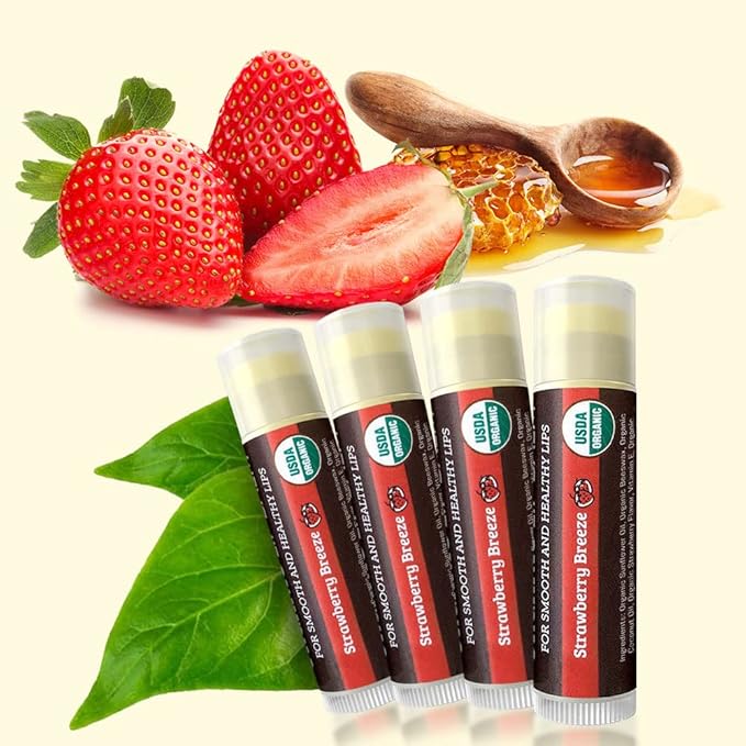 USDA Organic Lip Balm 4-Pack by Earth's Daughter - Strawberry Flavor, Beeswax, Coconut Oil, Vitamin E - Best Lip Repair Chapstick for Dry Cracked Lips.